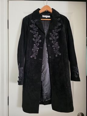 Vintage Hopeless Romantic Suede Long Jacket Embroidered Whimsy Goth Witchy Wmn 6